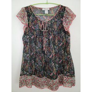 Sushi Flower Floral Print Short Sleeve Peasant Top M